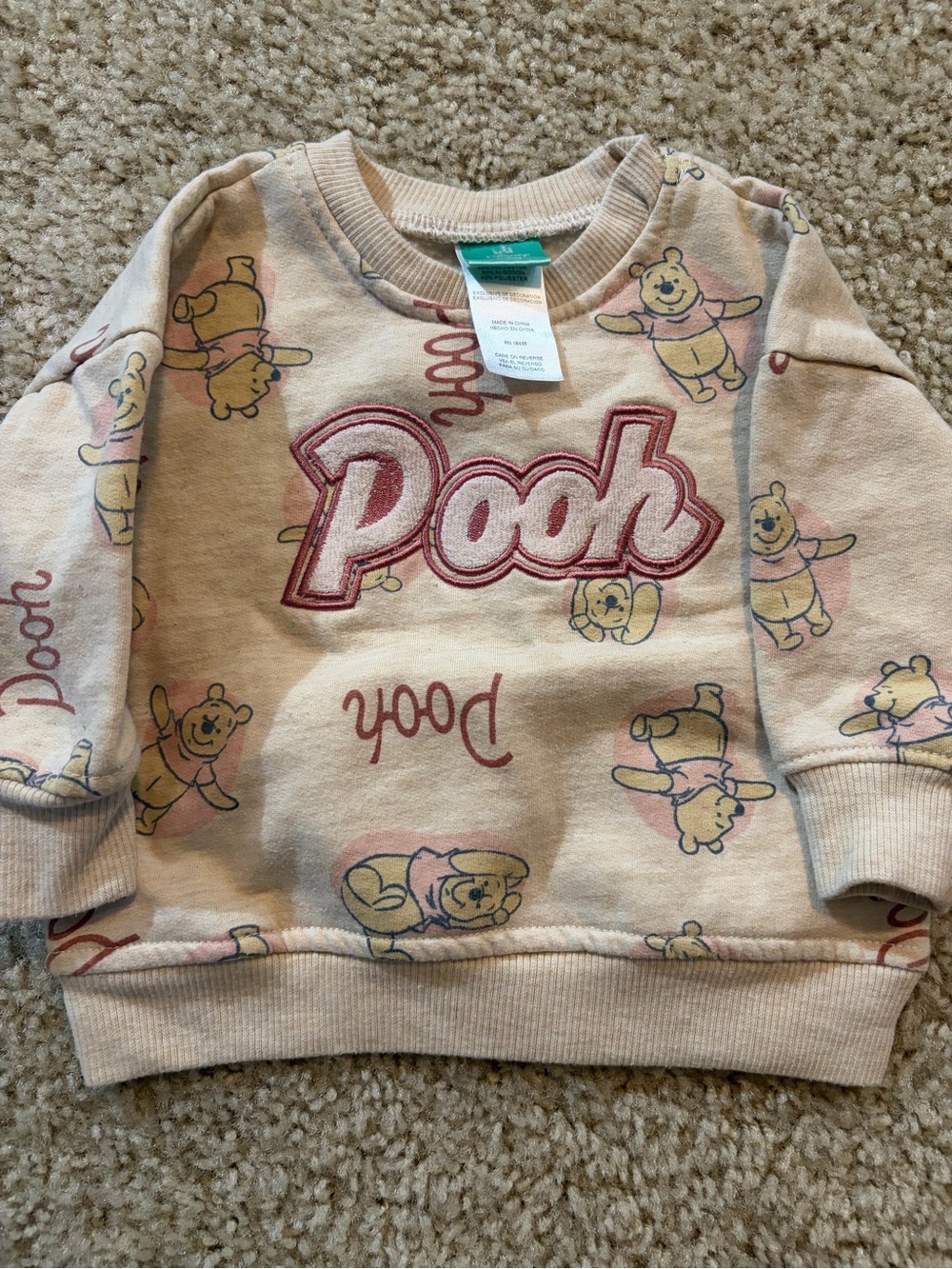 Disney Baby Winnie the Pooh Sweatshirt Beige Pink Pullover 3-6M Crewneck